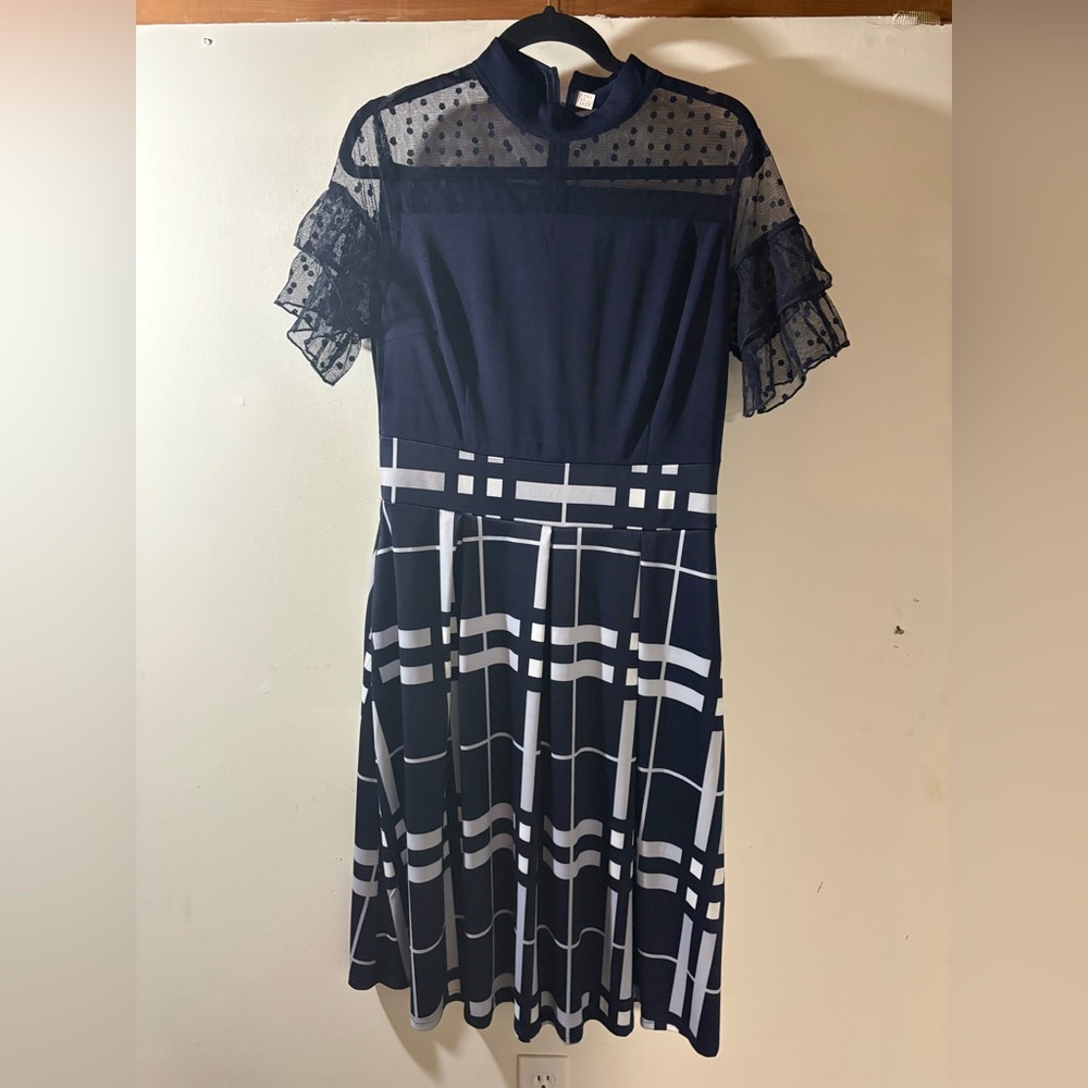 Navy and White Plaid Fit-and-Flare Dress with Lace Sleeves